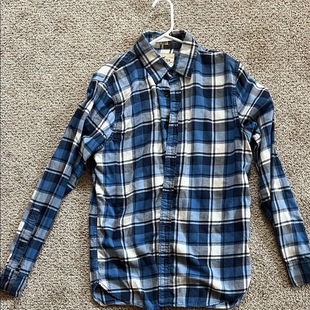 Hollister Blue and White Plaid Button-Down Flannel. Medium.